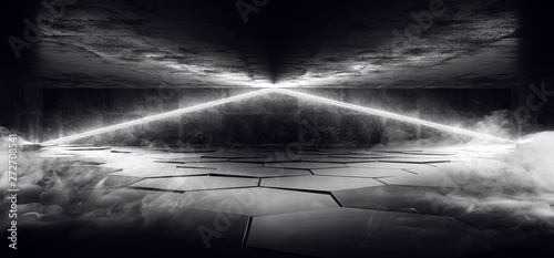 Smoke Future Sci Fi Futuristic Neon Light Glowing White Tiled Hexagon Floor Concrete Grunge Dark Room Virtual Hallway Club Studio 3D Rendering