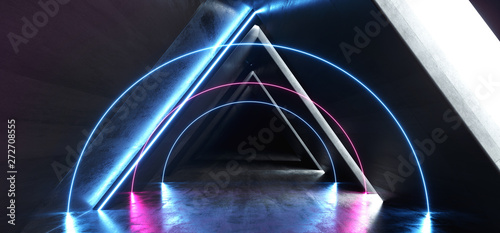 Future Neon Lights Laser Glowing Purple Blue Pink Triangle Shaped Sci Fi Futuristic Tunnel Corridor Garage Hallway Alien Spaceship Empty 3D Rendering