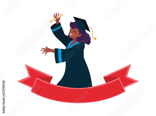 afro woman student graduated celebrating with ribbon frame