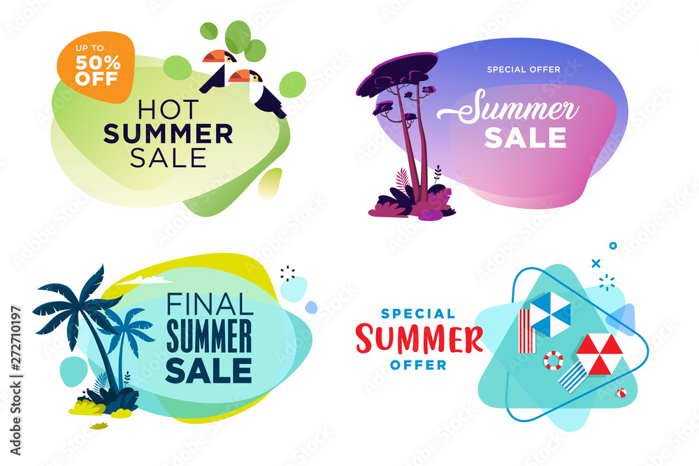 Set of summer sale labels and stickers. Flat design vector illustration for website design, online shopping, product promotion, social media, ads, advertising material.
