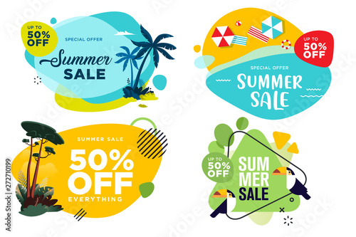 Set of summer sale labels and badges. Flat design vector illustration for website design, online shopping, product promotion, social media, ads, advertising material.