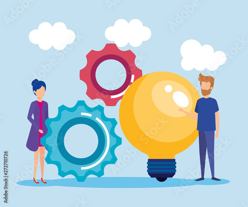 mini people with bulb light idea vector illustration design vector illustrator
