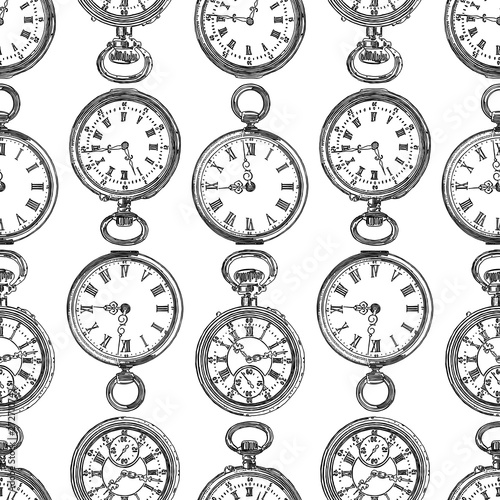 Seamless pattern of various drawn pocket watches