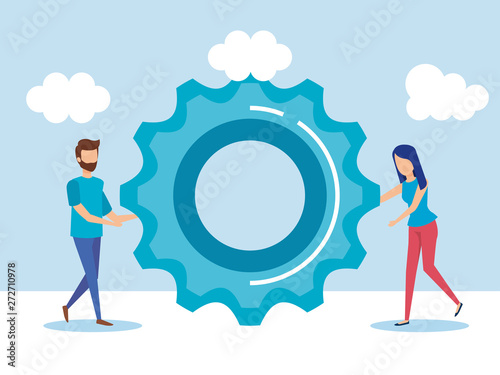 mini people with gear machinery vector illustration design vector illustrator