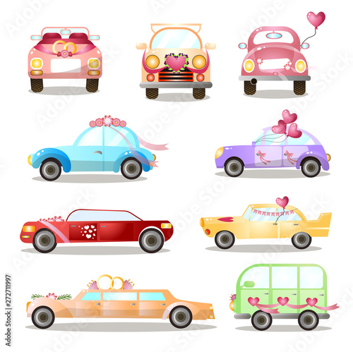 Set of different colorful wedding or holiday cars  city streets