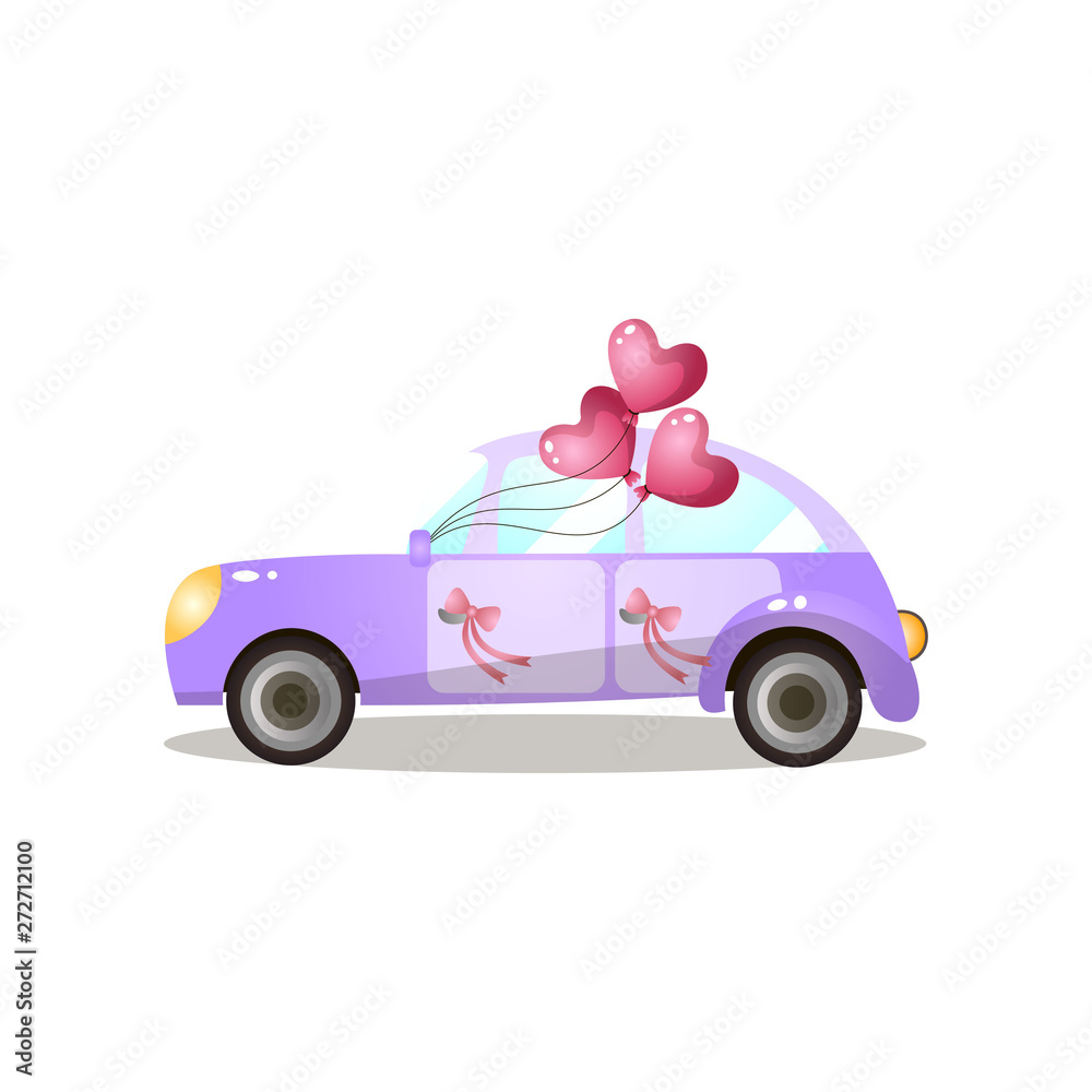 Just married retro purple car with heart shaped balloons Just married retro purple car with heart shaped balloons