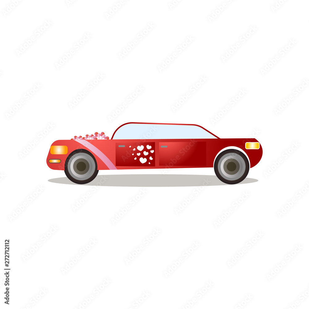 Modern red color limousine with red ribbons and heart stickers Modern red color limousine with red ribbons and heart stickers