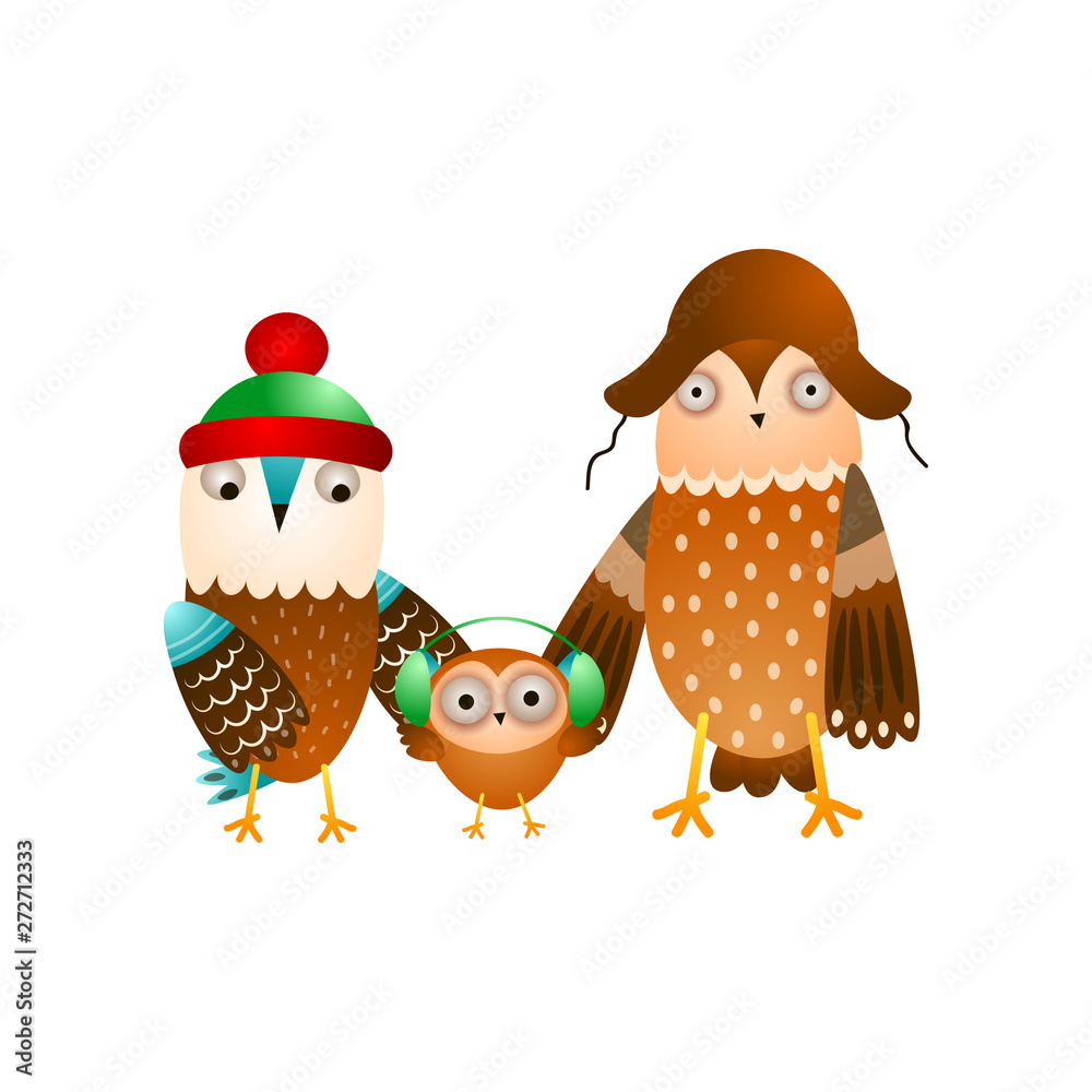 Obraz premium Cute happy family of wild owl in winter headwear