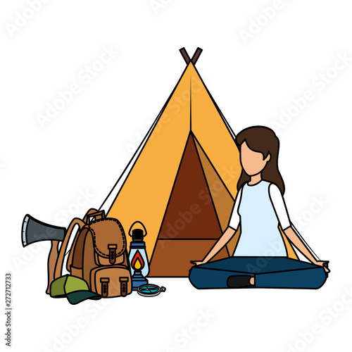 tent camping with woman and travelbag
