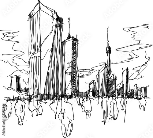hand drawn architectural sketch of a modern city with high buildings and people in the streets