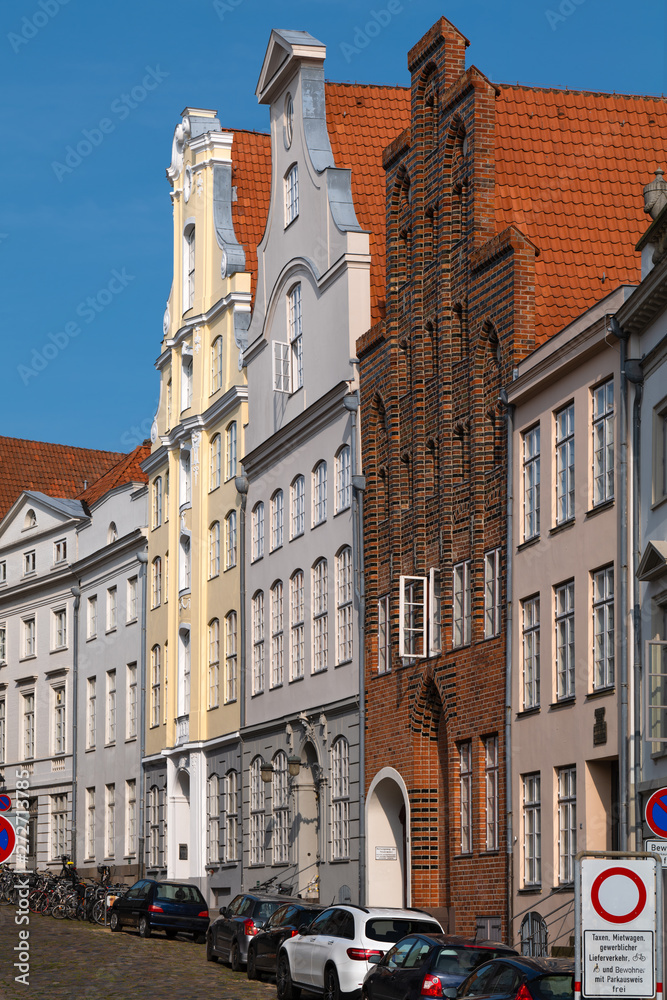 Luebeck, Germany, (German: Lübeck). The medieval old town with cobblestone street.