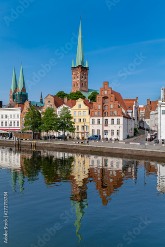 A view of the old town of Luebeck (German: Lübeck), Germany, across the river Trave.