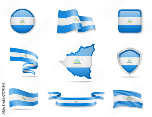 Nicaragua flags collection. Vector illustration set flags and outline of the country.