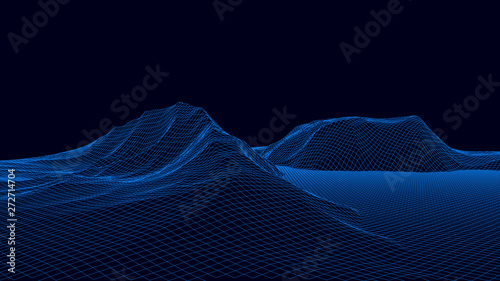 Vector wireframe 3d landscape. Technology grid illustration.