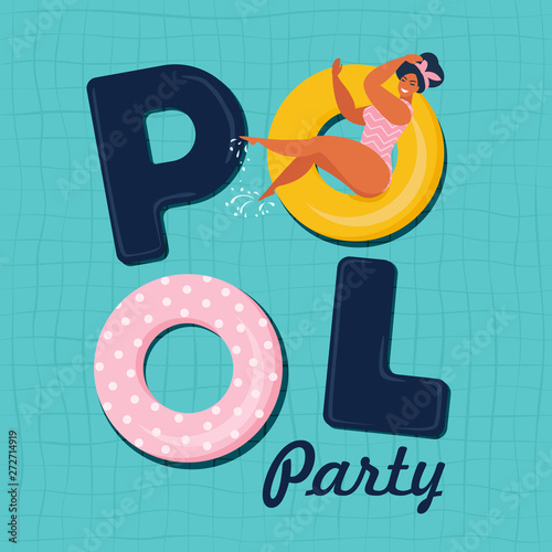Pool party invitation vector illustration. Top view of swimming pool with pool floats.