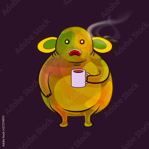 Plump pict after the sleep. Autumn monster concept. Illustration with little fat cartoon monster. Yellow creation Stands with a Cup of hot steaming tea, falling leaves fantasy cartoon monster.