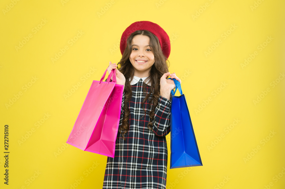 Black friday. Sale discount. Shopping day. Child hold package. Favorite kids brand. Girl with shopping bag. Save money. Live better. Rediscover great shopping tradition. Shopping and purchase