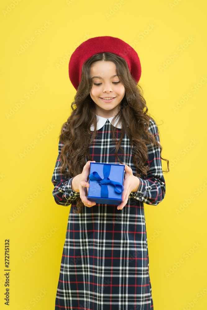 Fototapeta premium Shopping day. Happy child hold box. Girl shopping. Save money. Birthday surprise. Exclusive discount date of birth. Transforming shopping into an experience. Gift shop. Shopping and purchase