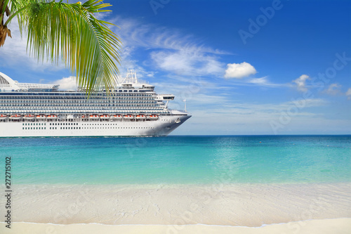 Tropical beach with palm tree and cruise ships 
