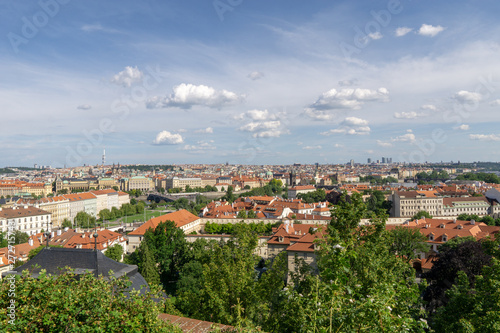 Red roofs of houses in Prague with green foliage of trees. View of the city in the summer.