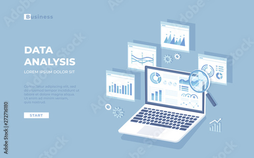 Data analysis, audit, research, analytics, reporting concept. Web and mobile service. Financial reports, charts graphs on a laptop screen, web pages. Isometric 3d vector banner.
