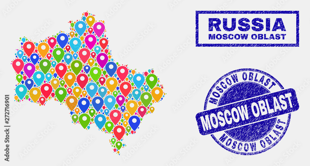 Vector bright mosaic Moscow Region map and grunge seals. Flat Moscow Region map is composed from scattered bright geo locations. Stamp seals are blue, with rectangle and round shapes.