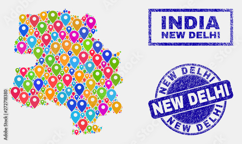 Vector colorful mosaic New Delhi City map and grunge stamp seals. Flat New Delhi City map is created from randomized colorful site locations. Stamp seals are blue, with rectangle and rounded shapes.