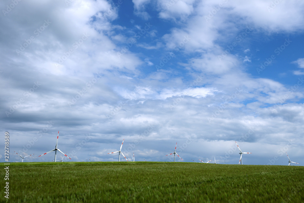 Getreidefeld im Frühling und Windräder am Horizont mit blauem Himmel und Wolken - Stockfoto