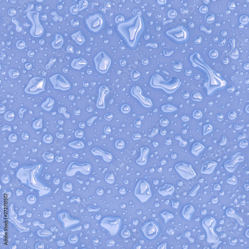 Seamless transparent water rain, juice, shower, dew drops or vapor steam bubbles on blue background. Abstract water raindrops texture background for design overlay, juice droplets close up view. 3D