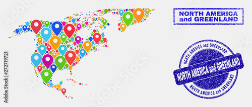 Vector bright mosaic North America and Greenland map and grunge seals. Abstract North America and Greenland map is designed from randomized bright site positions. Stamps are blue,