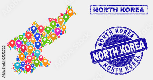 Vector colorful mosaic North Korea map and grunge seals. Flat North Korea map is created from random colorful navigation positions. Stamp seals are blue, with rectangle and rounded shapes.
