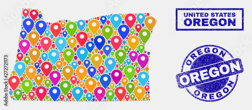 Vector bright mosaic Oregon State map and grunge stamps. Abstract Oregon State map is composed from scattered bright site pins. Stamps are blue, with rectangle and rounded shapes.