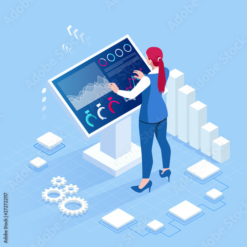 Isometric digital monitor with infographics. Female standing at the big display. Concept of business assistance. Interactive Information Kiosk, Advertising Display, Terminal Stand