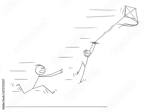 Vector cartoon stick figure drawing conceptual illustration of boy flying kite and flying away in strong wind. Father is running to save him.
