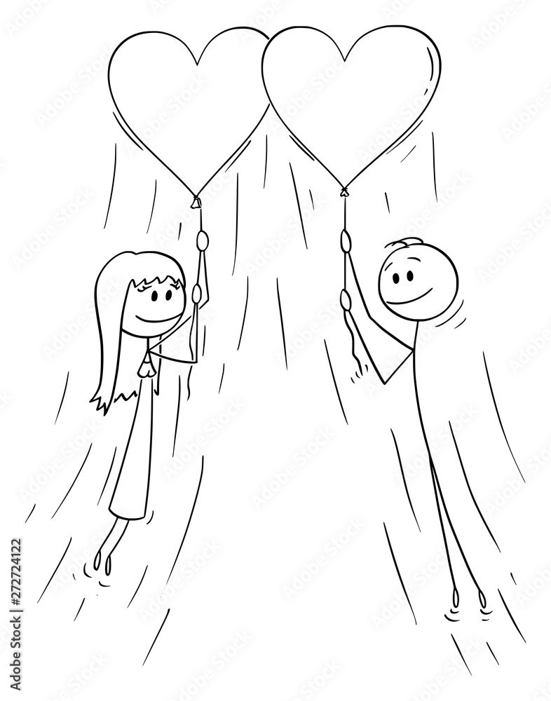 Φωτογραφία Vector cartoon stick figure drawing conceptual illustration of couple of woman and man in love holding rope of big inflatable heart balloon and flying together