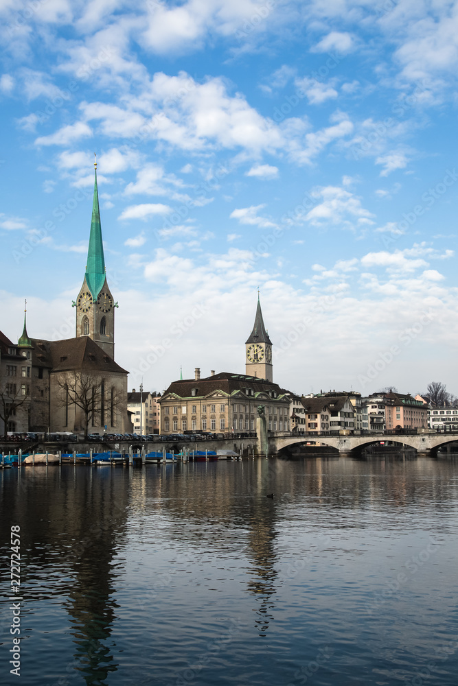 View of historic city of Zurich. Fraumunster Church and river Limmat at Lake Zurich. Canton of Zurich, Switzerland.