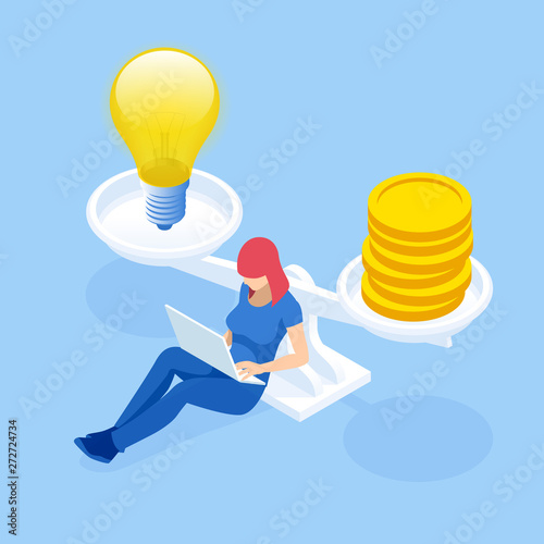 Isometric Scales Ideas and Money concept. Good profit.