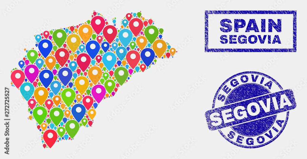 Vector bright mosaic Segovia Province map and grunge stamp seals. Flat Segovia Province map is created from random bright site pointers. Seals are blue, with rectangle and round shapes. Vector bright mosaic Segovia Province map and grunge stamp seals. Flat Segovia Province map is created from random bright site pointers. Seals are blue, with rectangle and round shapes.