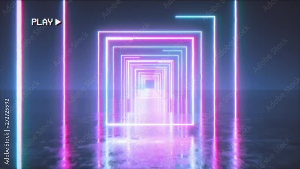 Flying in a retro futuristic space with glowing neon square in the style of the 80s. Seamless loop 3d animation. The effect of the old film cassette with noise, interference and distortion. Flying in a retro futuristic space with glowing neon square in the style of the 80s. Seamless loop 3d animation. The effect of the old film cassette with noise, interference and distortion.