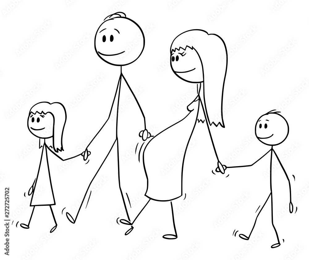 Εκτύπωση καμβά Vector cartoon stick figure drawing conceptual illustration of family of man and pregnant woman walking together and holding hands with two children, boy and girl