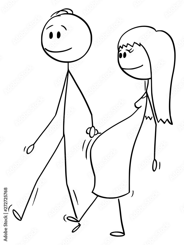 Vector cartoon stick figure drawing conceptual illustration of couple of  man and pregnant woman walking together and holding hands. Stock Vector |  Adobe Stock