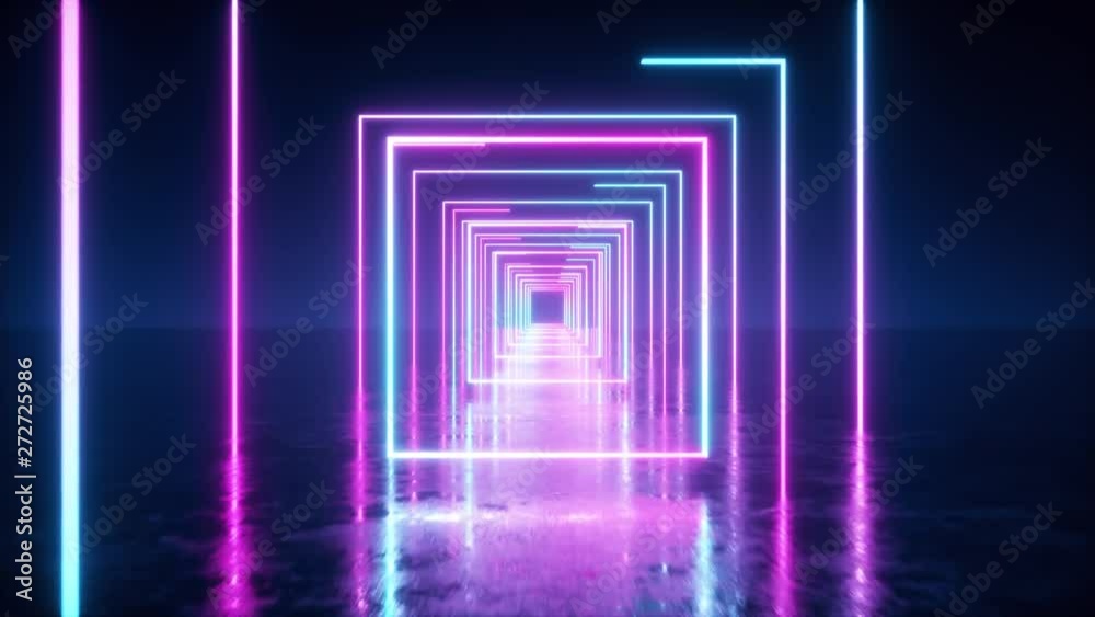 Abstract flight in space through glowing neon squares. Blue pink spectrum, fluorescent ultraviolet light. Seamless loop 3d animation