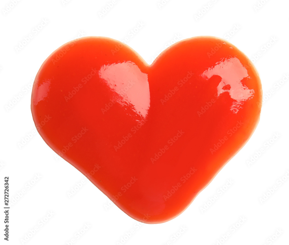 Heart shaped tomato sauce isolated on white, top view