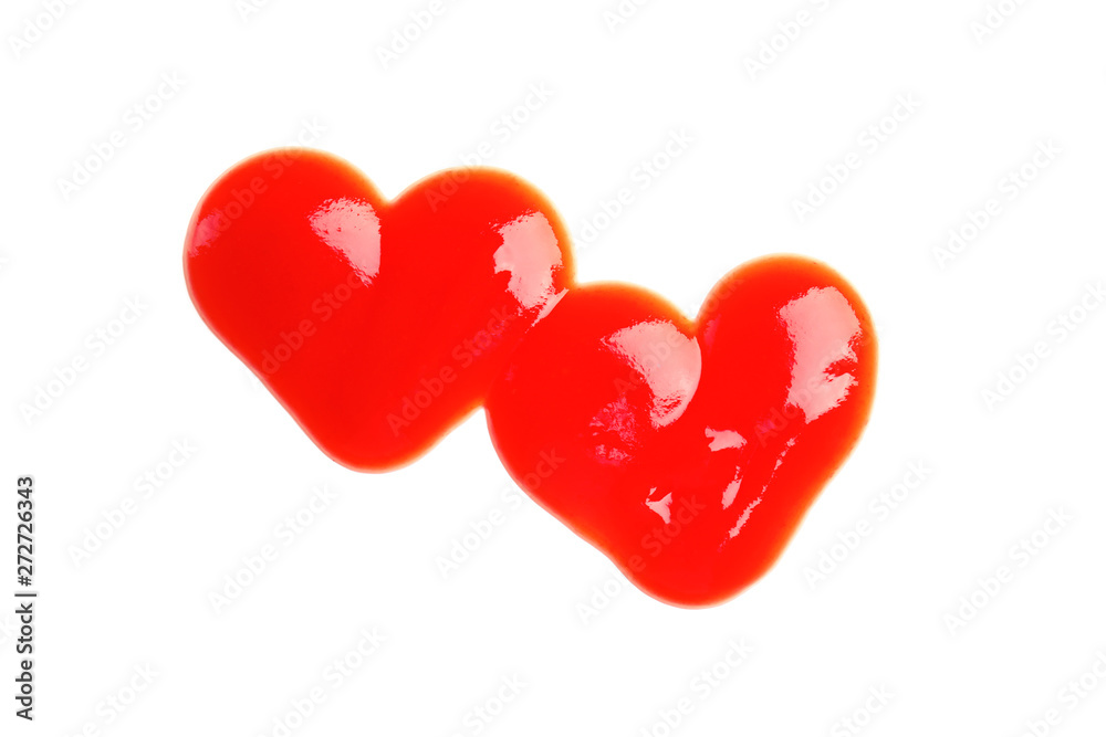 Hearts made with tomato sauce isolated on white, top view