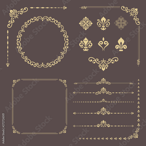 Vintage set of horizontal, square and round elements. Different elements for design, frames, menus, backgrounds and monograms. Classic patterns. Set of vintage golden patterns