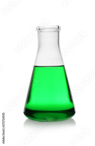 Conical flask with color liquid on white background. Solution chemistry