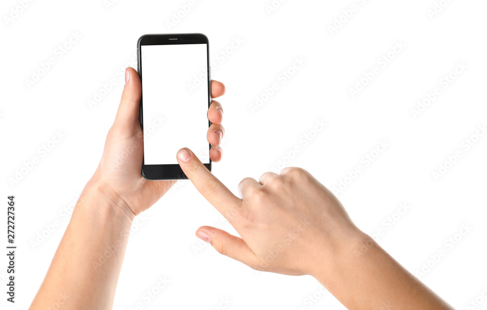Man holding smartphone with blank screen on white background, closeup of hands. Space for text Man holding smartphone with blank screen on white background, closeup of hands. Space for text