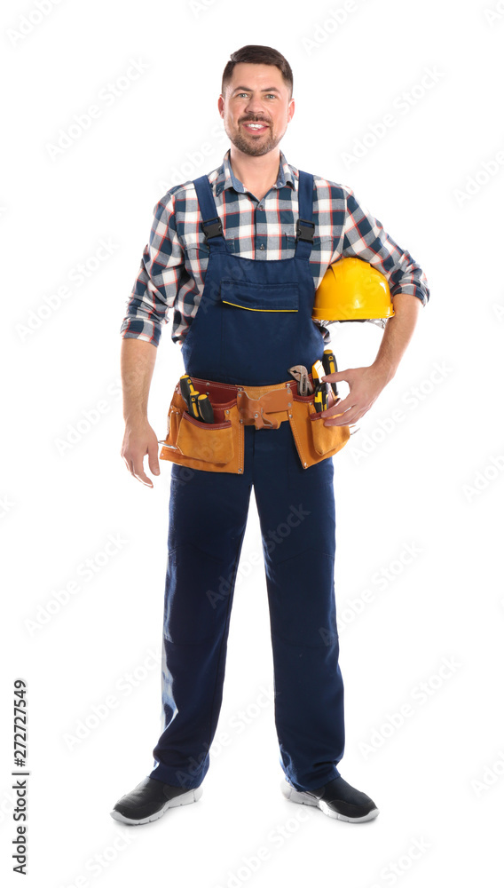 Full length portrait of professional construction worker with hard hat and tool belt on white background Full length portrait of professional construction worker with hard hat and tool belt on white background