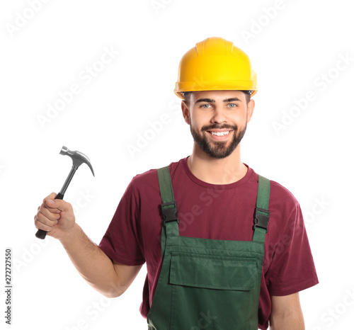 Portrait of construction worker with hammer on white background. Professional tools