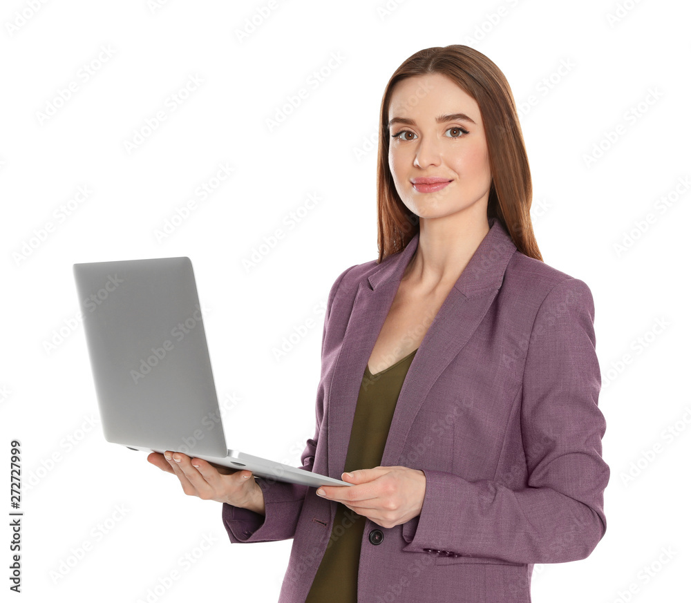 Portrait of beautiful woman with laptop on white background Portrait of beautiful woman with laptop on white background